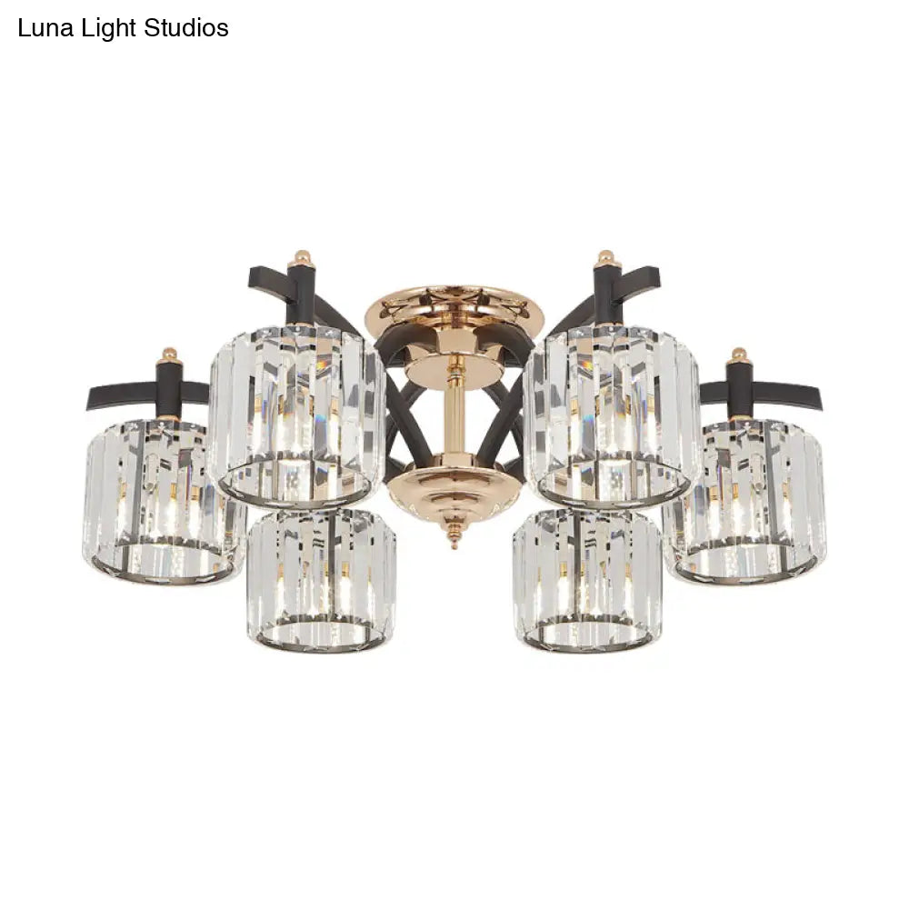 DecorBites™ DecorBites™ Lámpara de techo semiempotrada cilíndrica moderna negra y dorada con bloque de cristal - Lámpara de techo para dormitorio (3/6 cabezales)