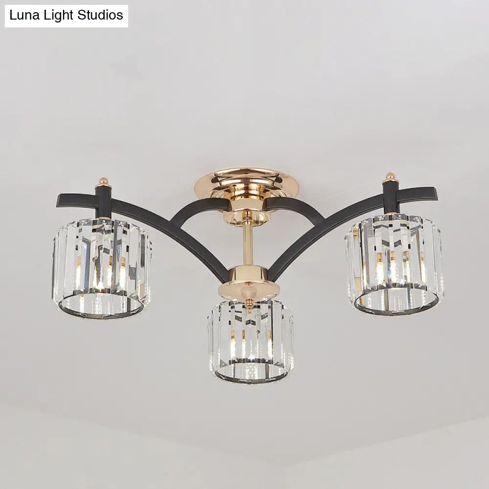 DecorBites™ DecorBites™ Lámpara de techo semiempotrada cilíndrica moderna negra y dorada con bloque de cristal - Lámpara de techo para dormitorio (3/6 cabezales)