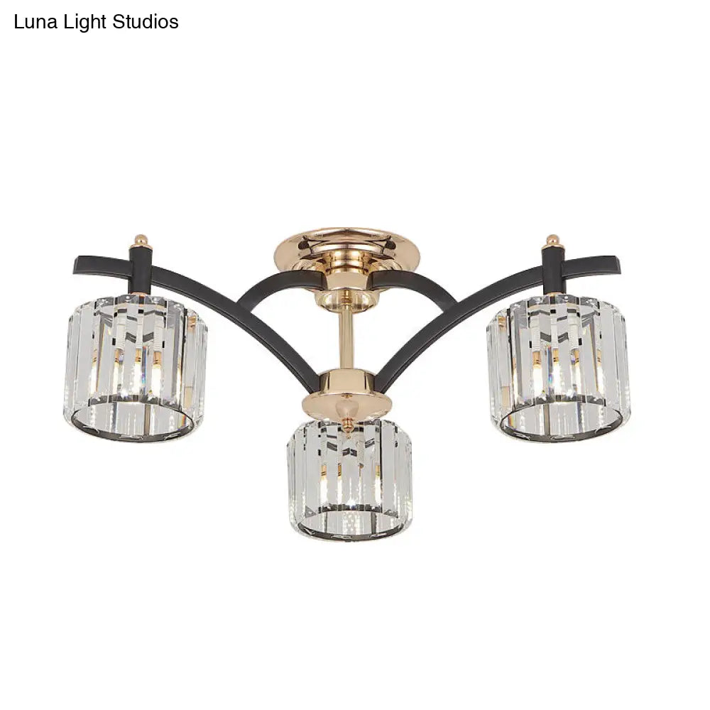 DecorBites™ DecorBites™ Lámpara de techo semiempotrada cilíndrica moderna negra y dorada con bloque de cristal - Lámpara de techo para dormitorio (3/6 cabezales)