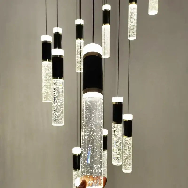 Modern black and clear acrylic decorbites cylindrical crystal chandelier with embedded led bulbs for living room lighting