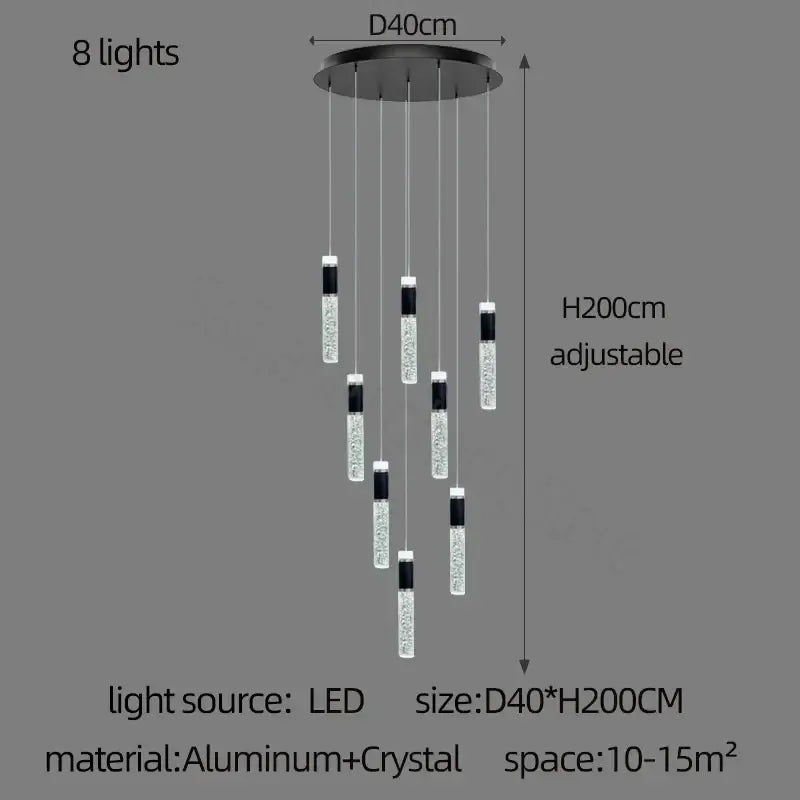 Modern black and clear crystal decorbites cylindrical crystal chandelier with eight adjustable led lights for living room decor