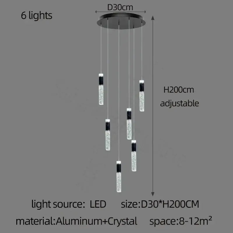 Modern black and clear crystal decorbites cylindrical crystal chandelier with six adjustable led lights for living room decor