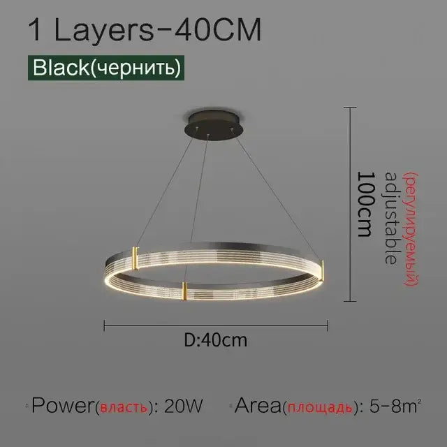 Modern black and gold decorbites circle chandelier with multiple illuminated rings and adjustable height for dining room lighting