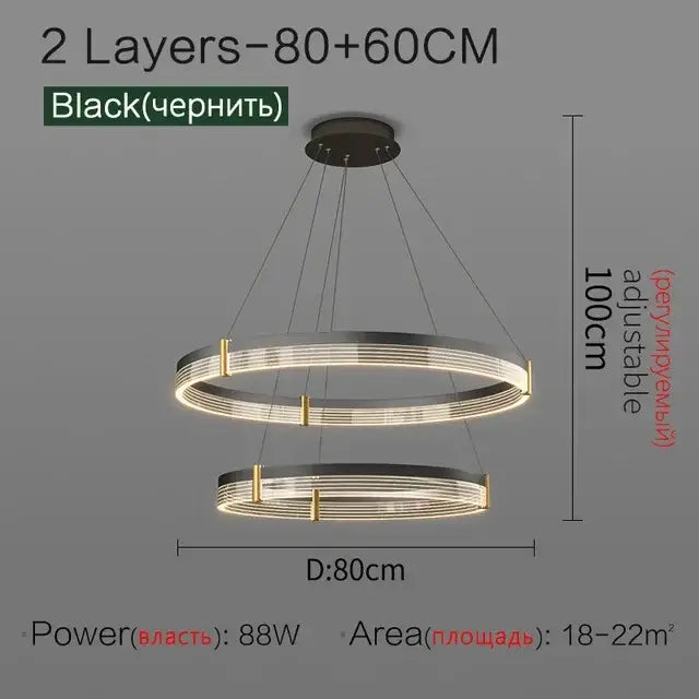 Modern black and gold decorbites circle chandelier with two-layer circular pendant and adjustable height for dining room