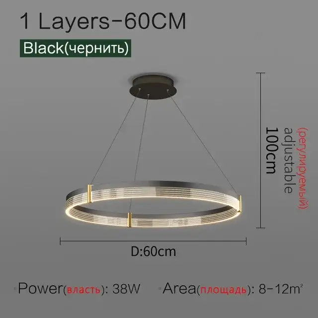 Modern black and gold decorbites circle chandelier with sleek led design and adjustable height for dining room lighting