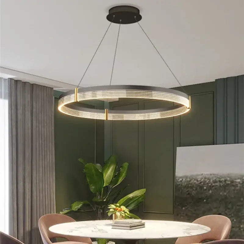 Modern black and gold decorbites circle chandelier with sleek metallic frame and warm led lighting for dining room