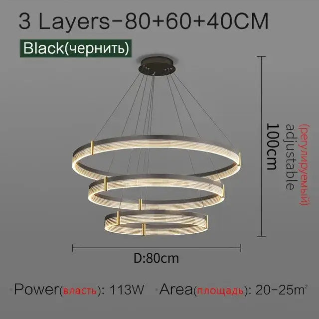 Modern black and gold decorbites circle chandelier with three-tiered adjustable led rings for dining room lighting