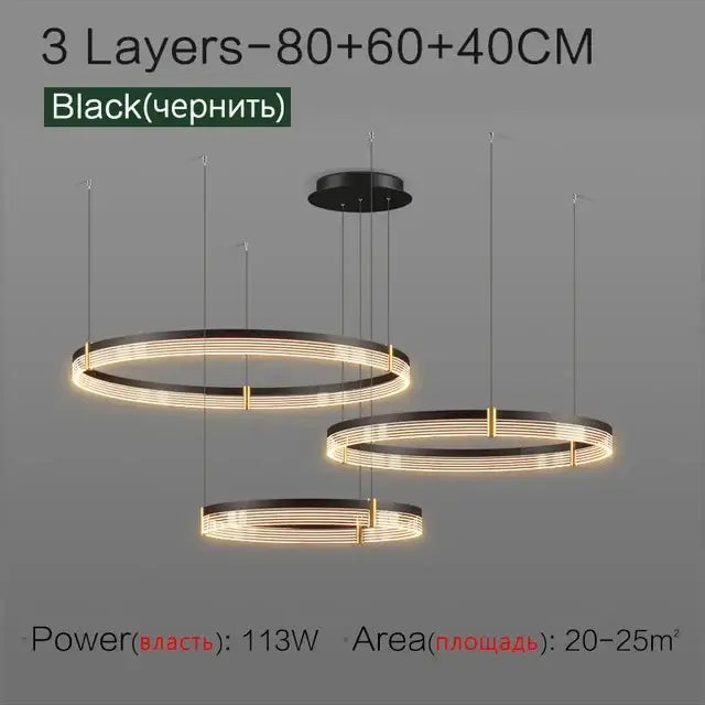 Modern black and gold decorbites circle chandelier with three concentric rings for dining room lighting