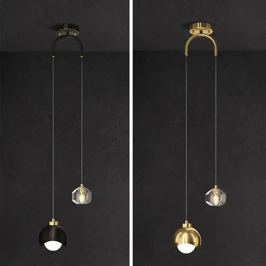 Modern black and gold decorbites crystal round chandelier with curved metal arm and faceted crystal globe for bedroom lighting