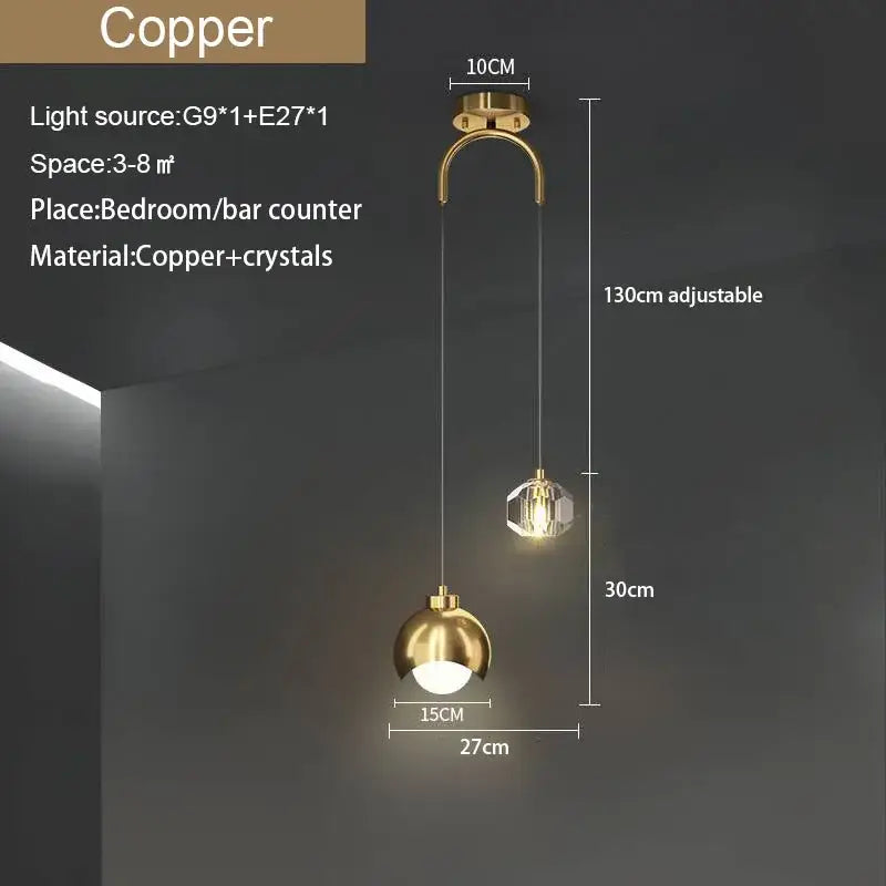 Gold-toned copper decorbites crystal round pendant lights with adjustable lengths and modern spherical design