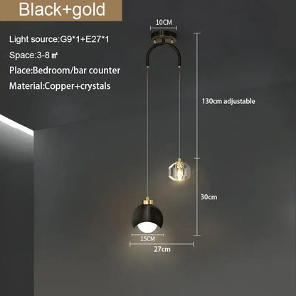 Modern black and gold decorbites crystal round chandelier featuring copper and crystal accents for bedroom lighting