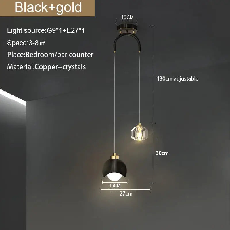 Modern black and gold decorbites crystal round chandelier featuring copper and crystal accents for bedroom lighting