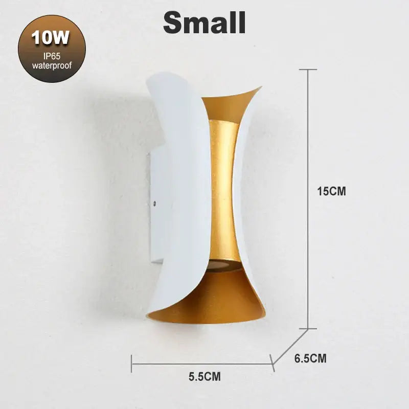 A sleek modern wall lamp with white and gold metallic finish featuring decorbites led waterproof design for living room