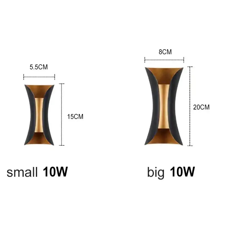 Two modern black and gold decorbites led waterproof wall lamps with hourglass silhouette for living room