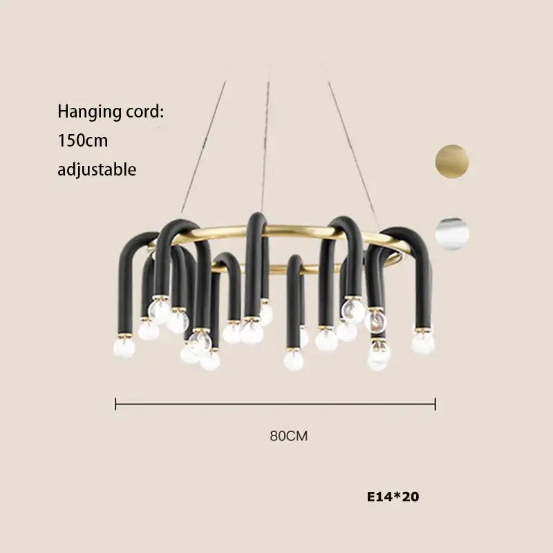 Modern black and gold dimmable led chandelier with 20 exposed e14 bulbs in decorbites black aluminum tube design