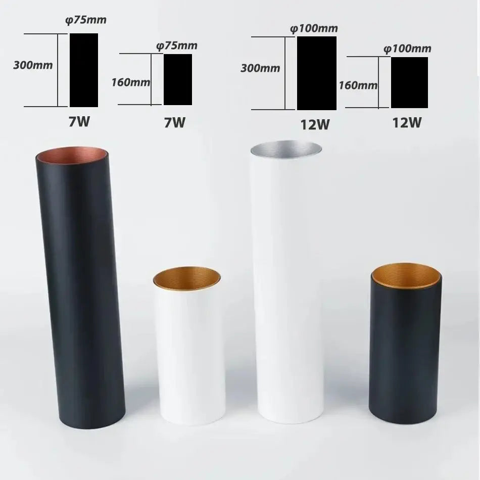 Modern black and gold dimmable led downlight with cylindrical design available in 7w or 12w models for living room