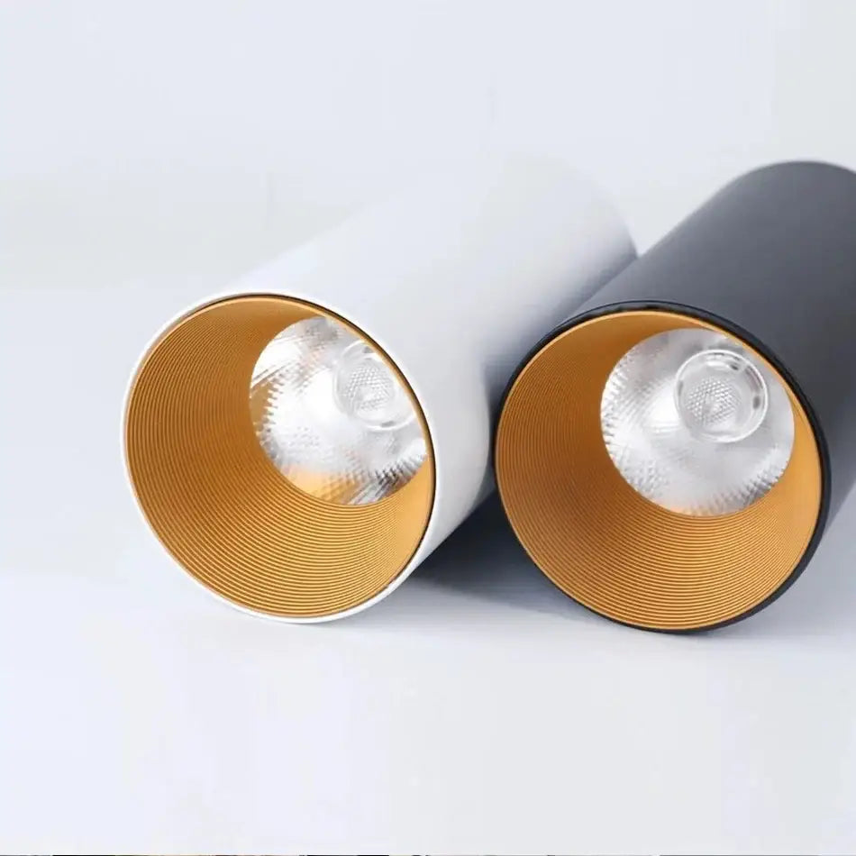 Two cylindrical dimmable led downlights in black and white with gold ridged interiors for modern living rooms