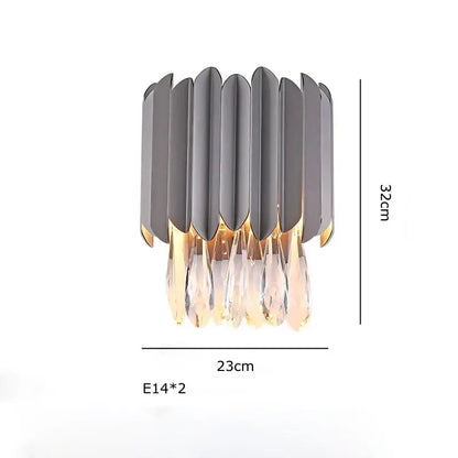 Modern gray metallic wall sconce with cascading crystal droplets complementing decorbites crystal ceiling chandeliers