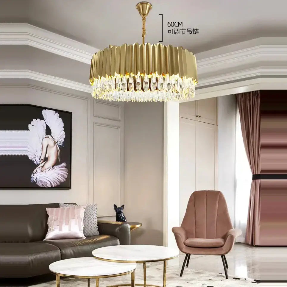 Gold-toned fluted decorbites crystal chandelier with dangling droplets dimmable led round ceiling chandeliers for dining room decor
