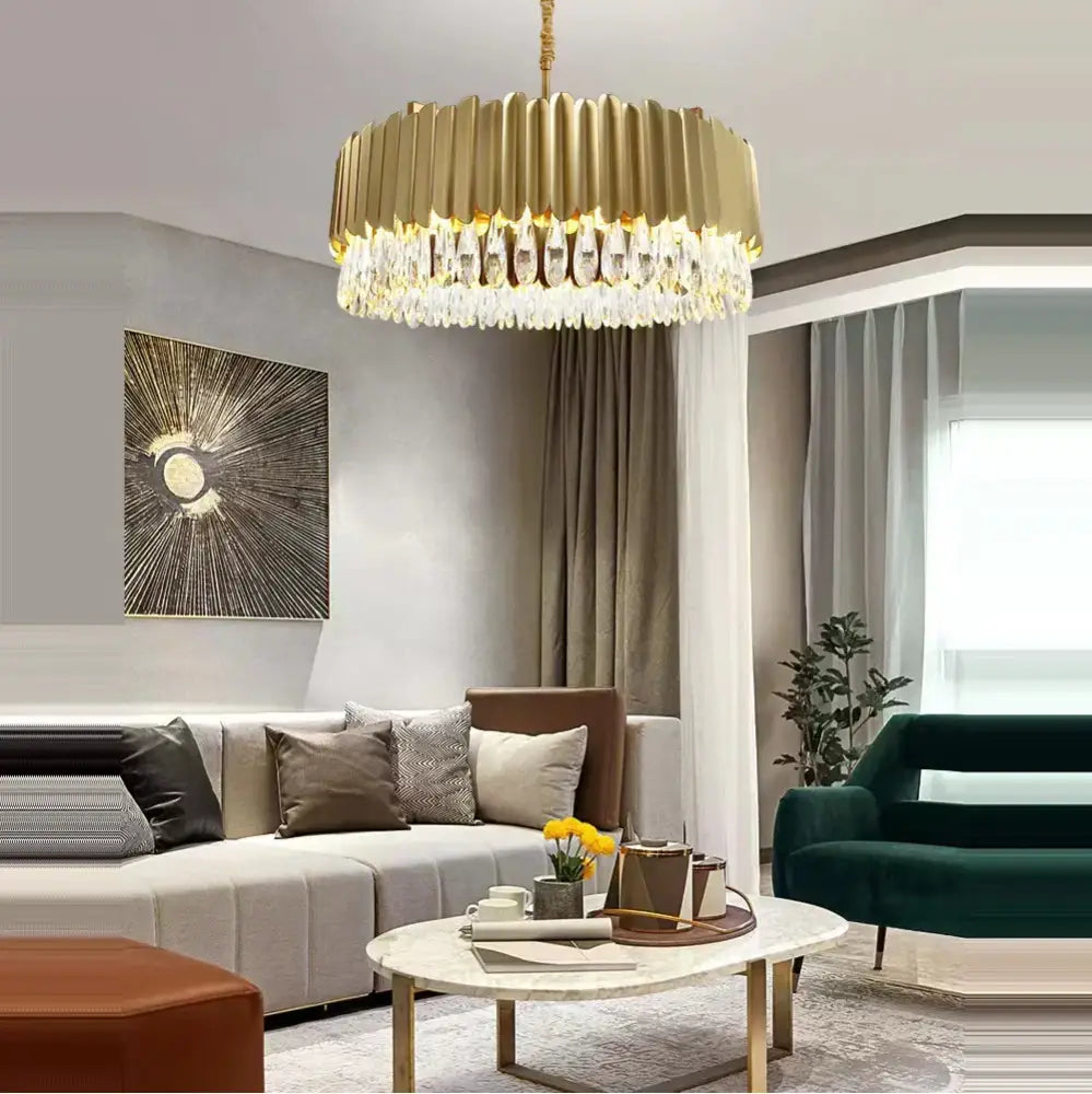 Gold-toned decorbites crystal ceiling chandeliers with fluted circular frame and dimmable led round design for dining room decor