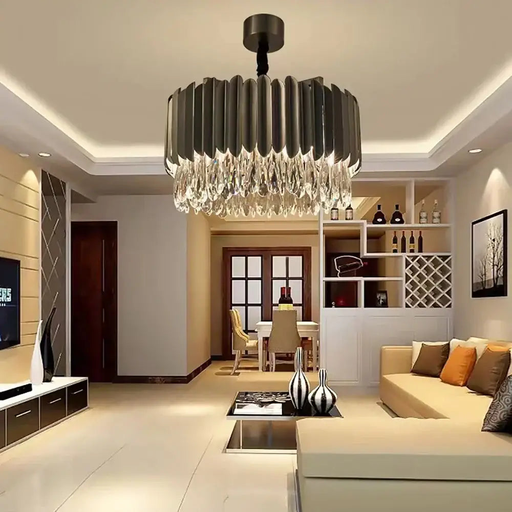 Modern black and gold dimmable led round ceiling chandelier with cascading crystal droplets for dining room decorbites crystal ceiling chandeliers