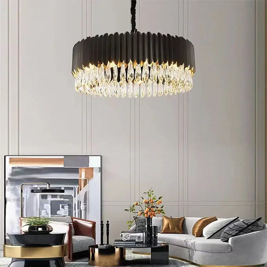 Modern black and gold dimmable led round ceiling chandeliers with decorbites crystal and fluted design for dining room decor