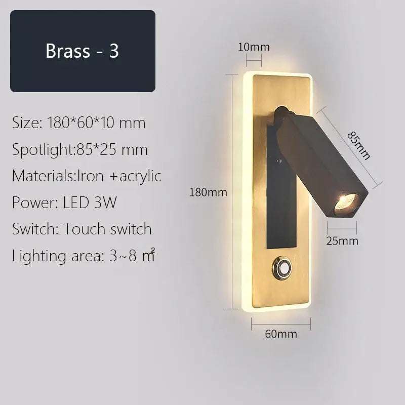 Modern black and gold dimmable led wall sconce with brass finish and adjustable black acrylic arm for bedroom reading light