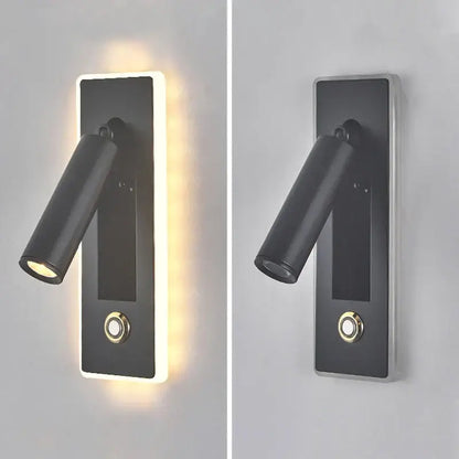 Modern black and gold dimmable led wall sconce with sleek cylindrical lamp head and illuminated rectangular backplate for reading