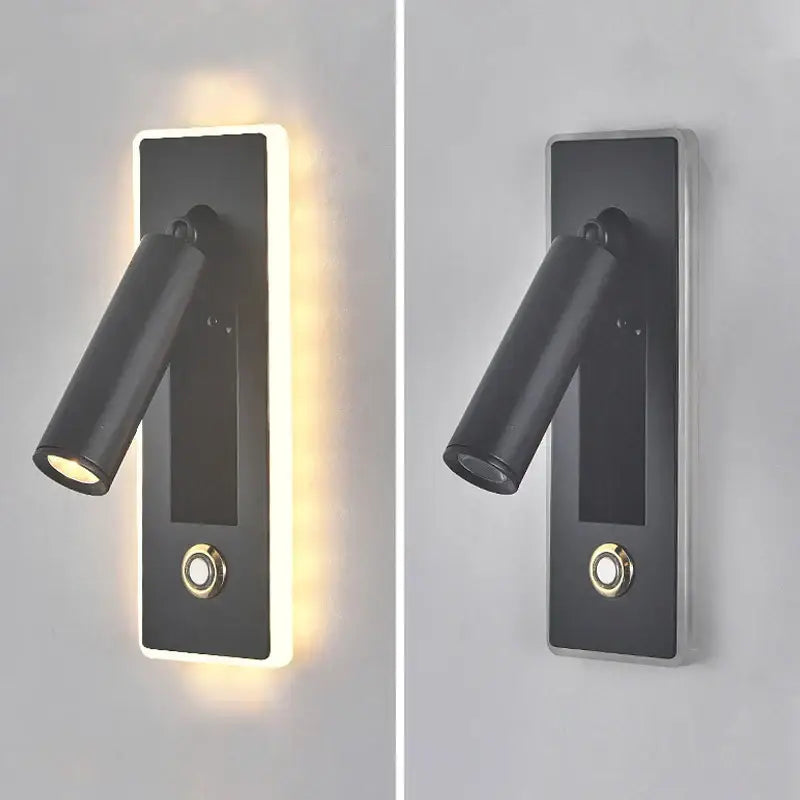 Modern black and gold dimmable led wall sconce with sleek cylindrical lamp head and illuminated rectangular backplate for reading