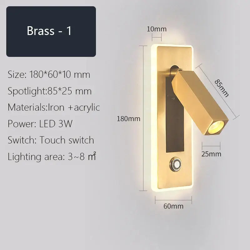 Brass-finished modern black and gold decorbites dimmable led wall sconce with rectangular base and adjustable angled head