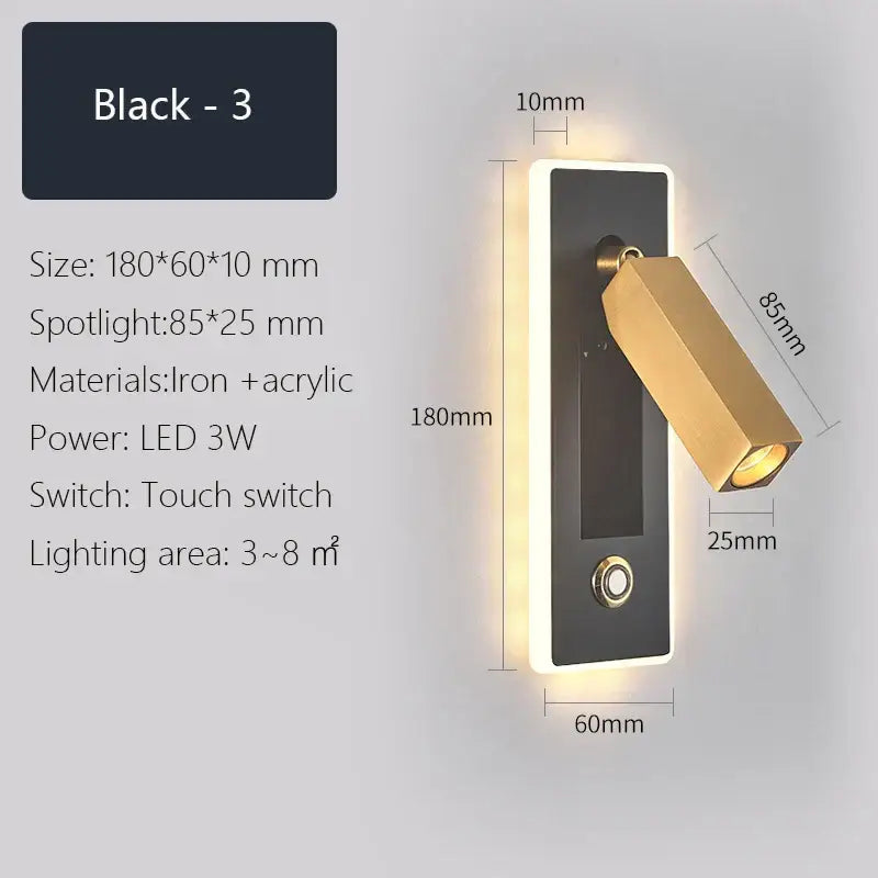 Modern black and gold dimmable led wall sconce with adjustable spotlight head and touch switch for bedroom reading light