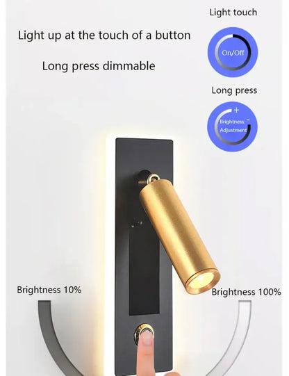 Modern black and gold dimmable led wall sconce with gold-finished spotlight and touch controls by decorbites dimmable led
