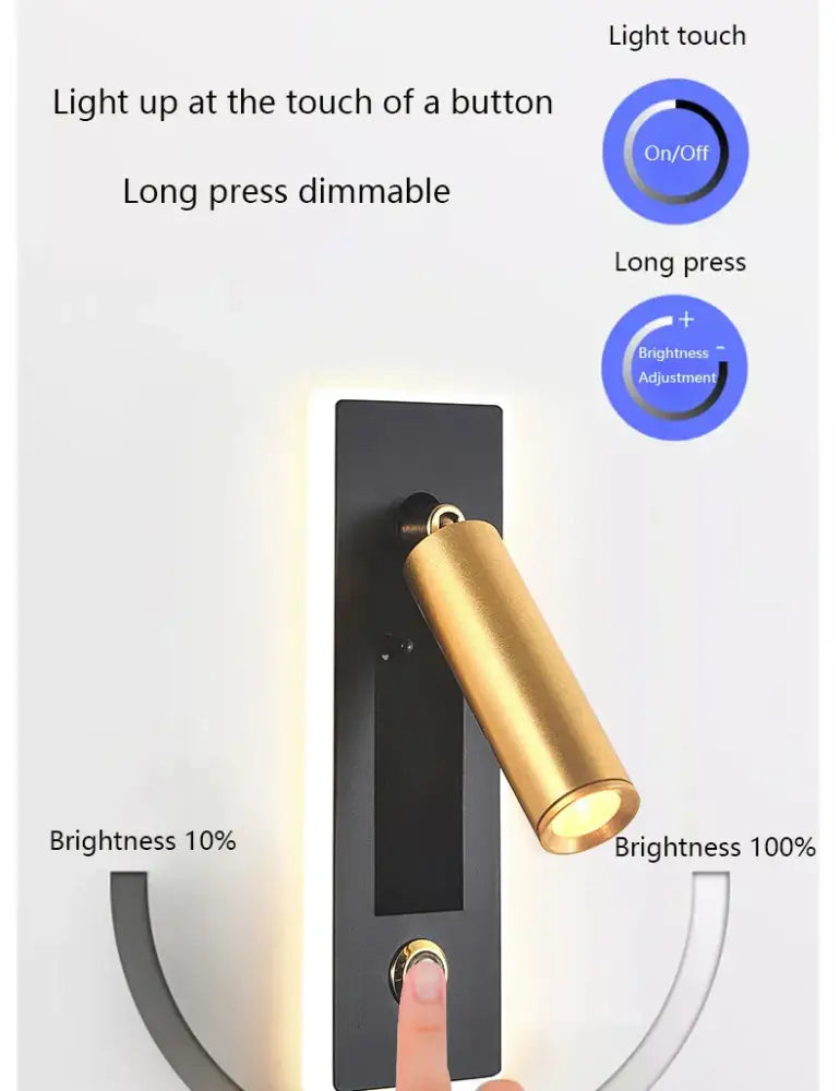 Modern black and gold dimmable led wall sconce with gold-finished spotlight and touch controls by decorbites dimmable led