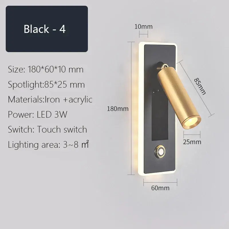 Modern black and gold dimmable led wall sconce with adjustable cylindrical head and touch switch for bedroom reading light