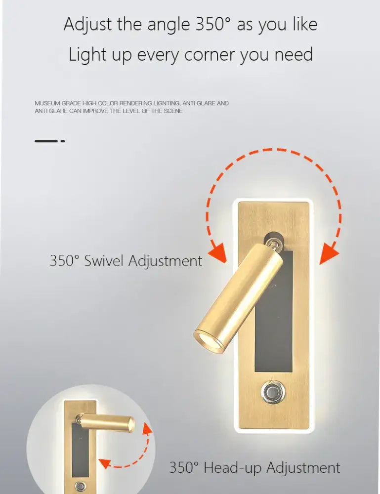 Modern black and gold dimmable led wall sconce with gold finished adjustable spotlight for bedroom reading light decorbites dimmable led