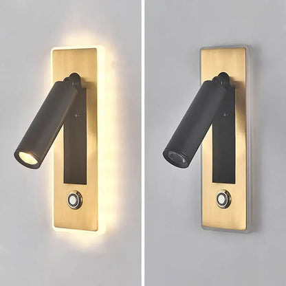 Modern black and gold dimmable led wall sconce with adjustable spotlight and brushed gold base for focused reading light