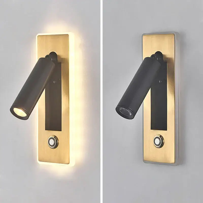 Modern black and gold dimmable led wall sconce with adjustable spotlight and brushed gold base for focused reading light