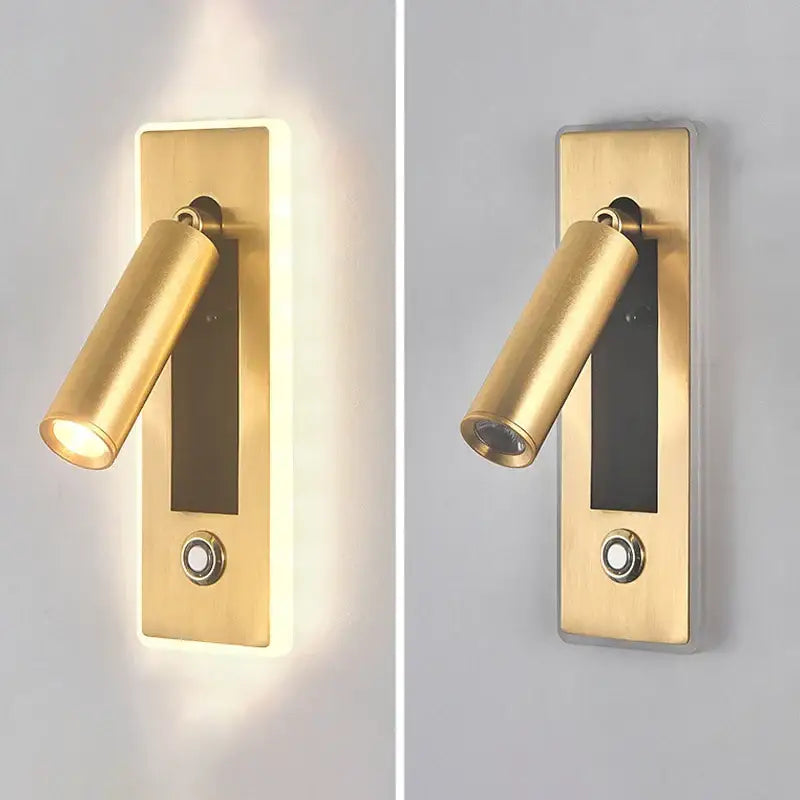 Gold-finished wall sconce with cylindrical adjustable spotlight and sleek rectangular base for dimmable led wall decorbites light