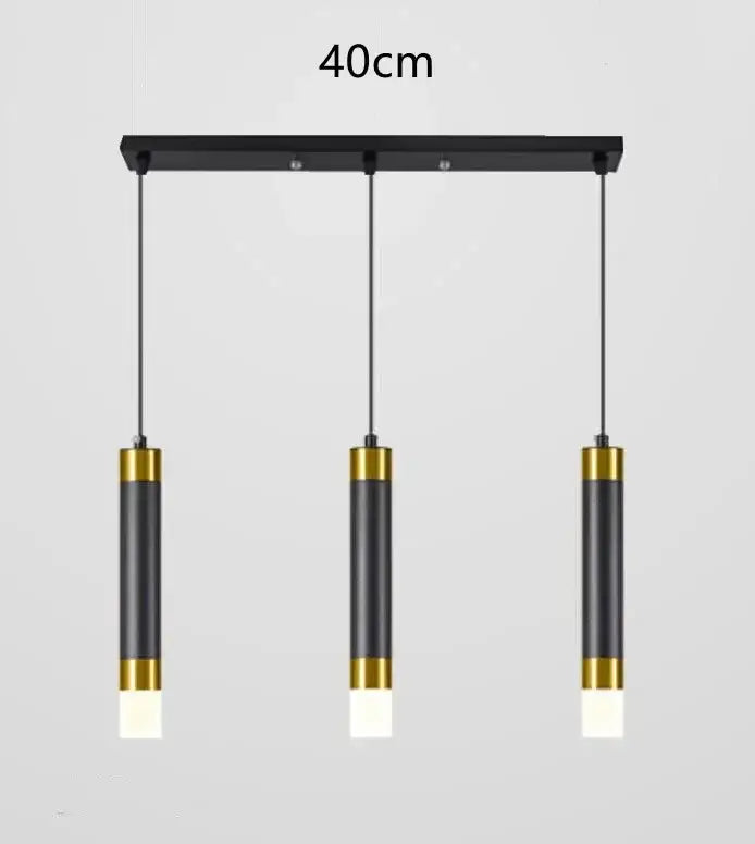 Modern black and gold cylindrical pendant light fixture with three hanging bulbs suitable for 5 square meters kitchen