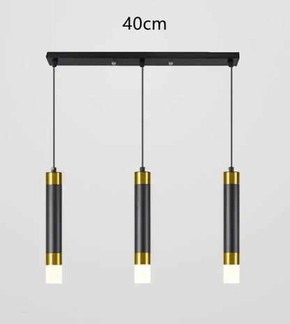 Modern black and gold cylindrical pendant light fixture with three hanging bulbs suitable for 5 square meters kitchen