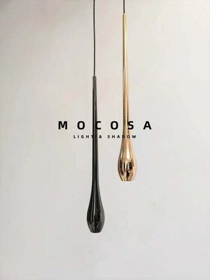 Two sleek black and gold metallic finish pendant lights with remote control hang against a minimalist white background