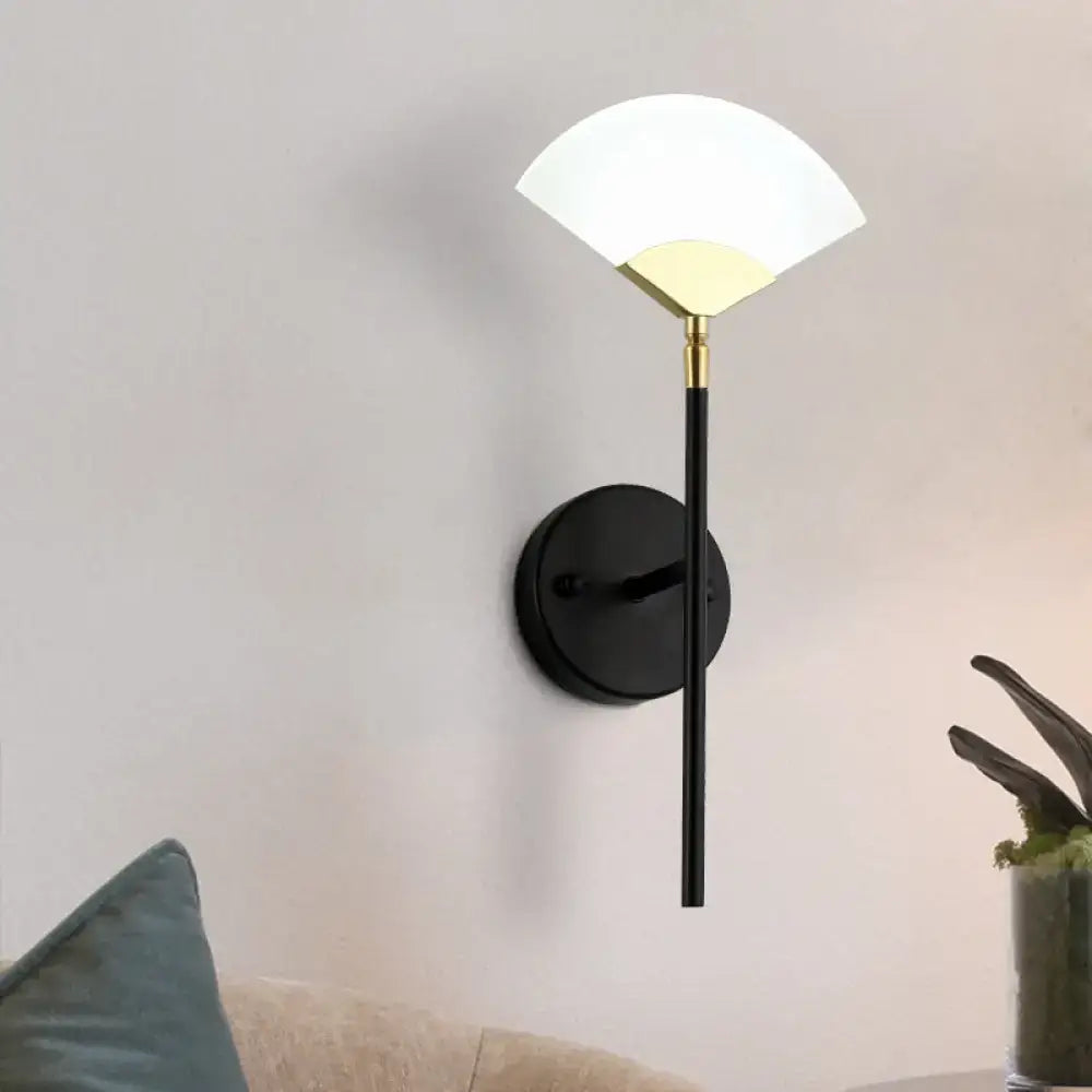 Modern black and gold fan wall mount light with white glass shade ideal for bedroom wall mount sconce lighting