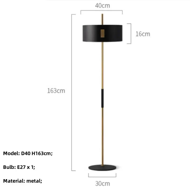 Modern black metal e27 floor lamp with gold-toned central pole and base for stylish living room decorbites black metal design