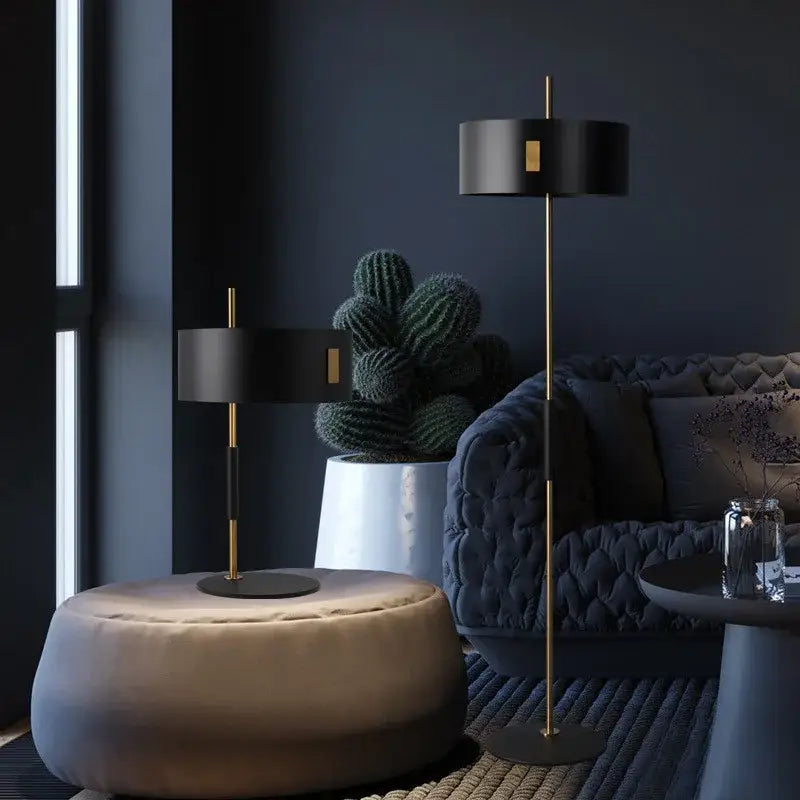 Modern black and gold floor lamp with decorbites black metal e27 bulb and slender brass pole for living room decor