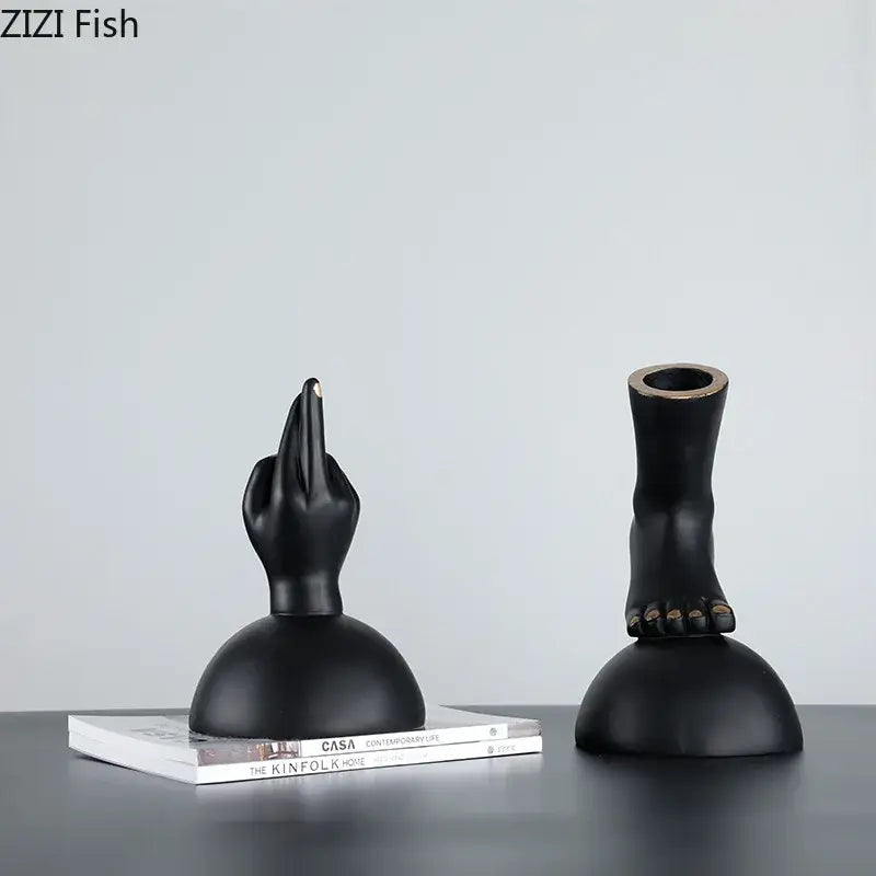 Modern black ceramic hand and foot sculptures with glossy finish as foot statue artwork for living room decor