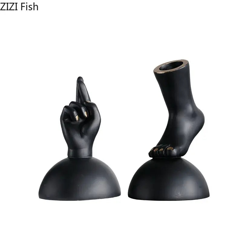 Modern black and gold foot statue artwork featuring resin hand and foot sculptures with gold nail tips for living room decor