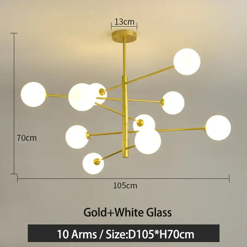 Modern black and gold g9 led chandelier with ten white glass globes gold finish decorbites black gold lighting