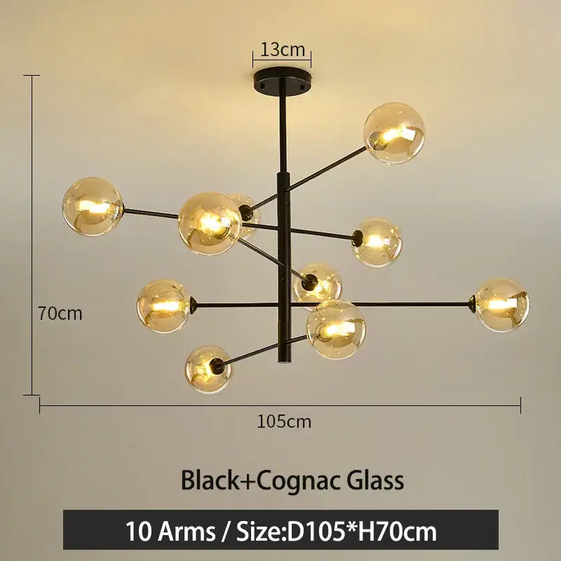 Modern black and gold g9 led chandelier with ten arms and warm cognac glass globes for elegant living room decorbites black gold