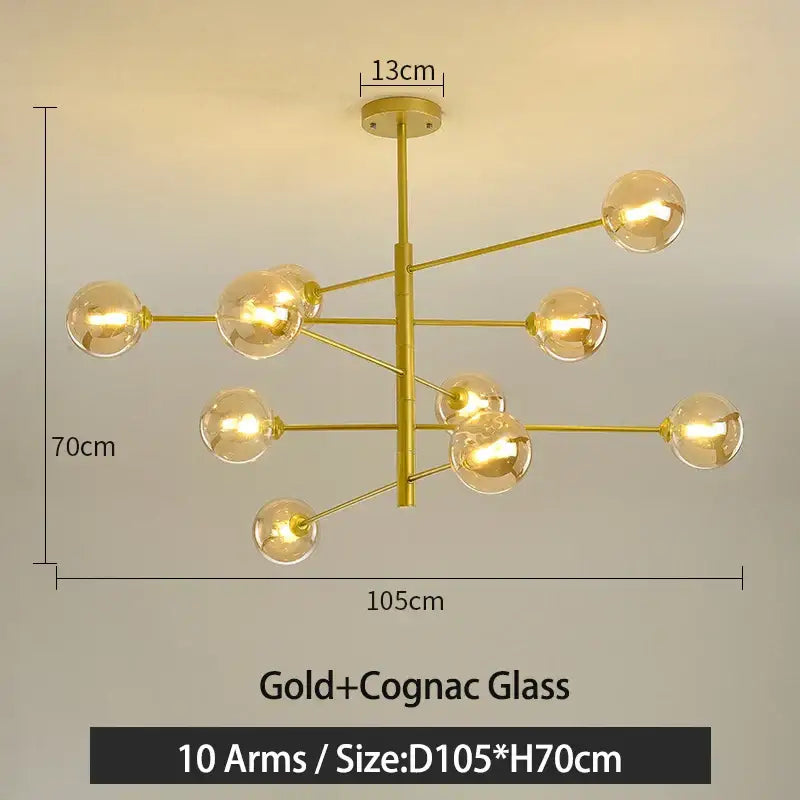 Gold g9 led chandelier with ten arms and spherical cognac glass globes for modern decorbites black gold decor