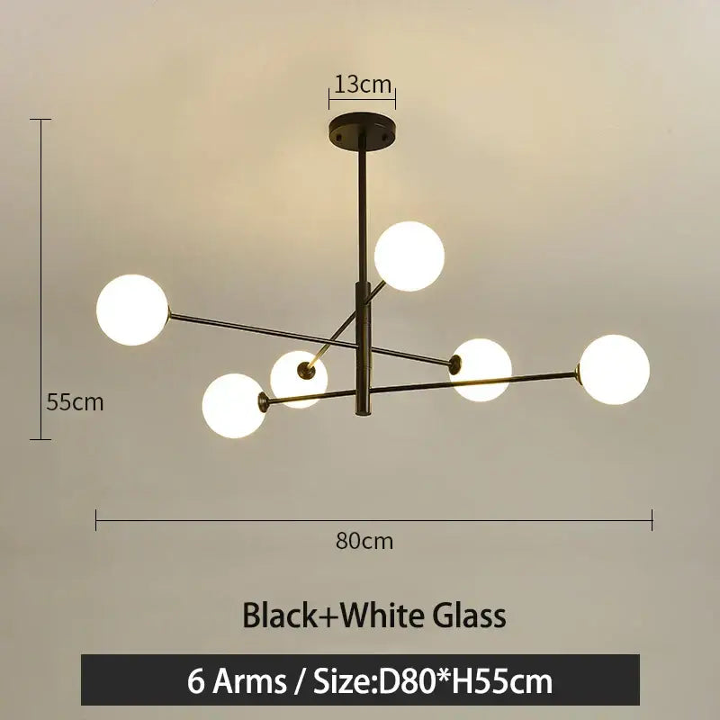 Modern black and gold g9 led chandelier with six white glass globes featuring decorbites black gold design